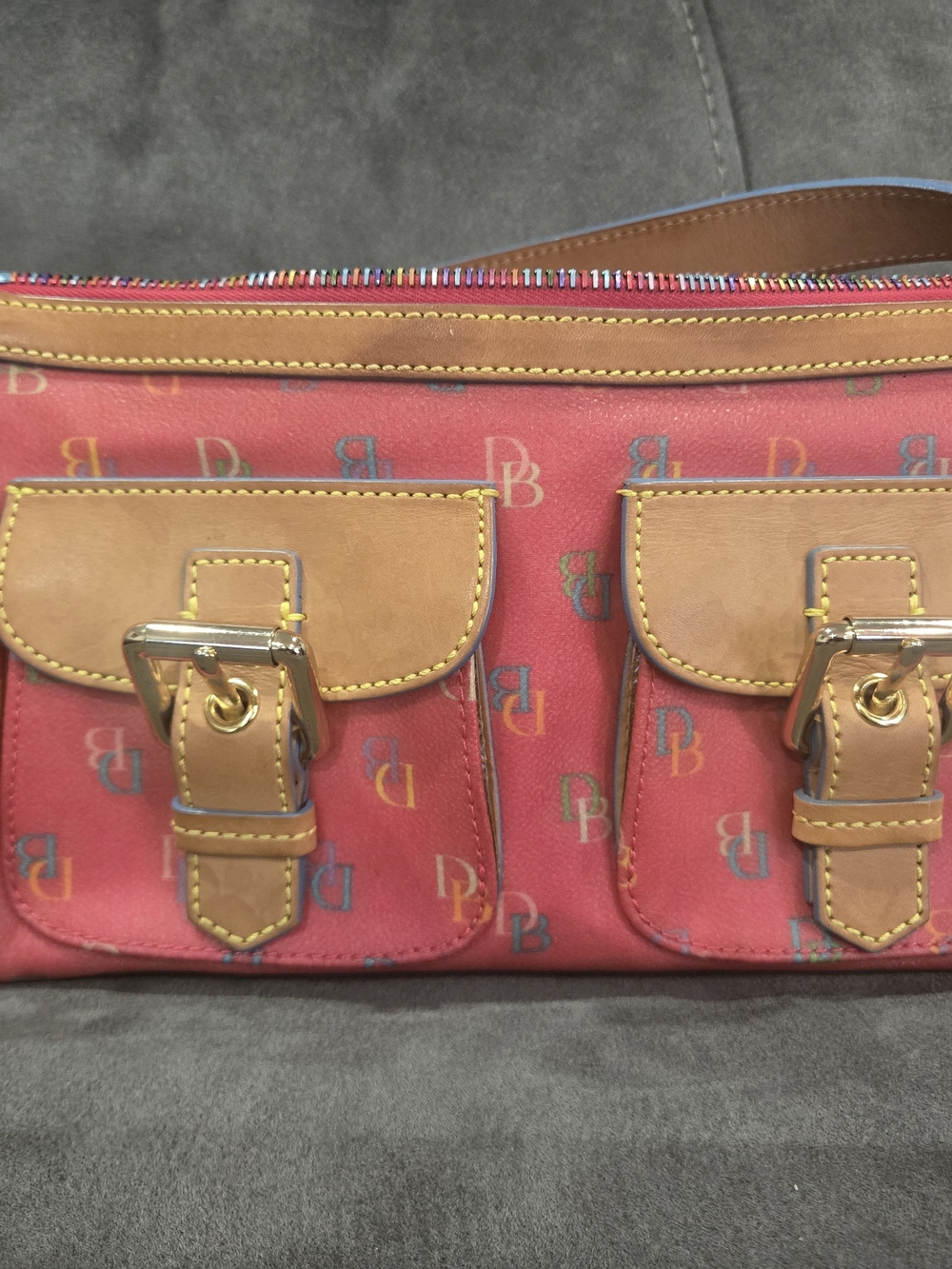 Dooney & Bourke Pink Signature Canvas Dual Pocket Shoulder Bag with Tan Trim